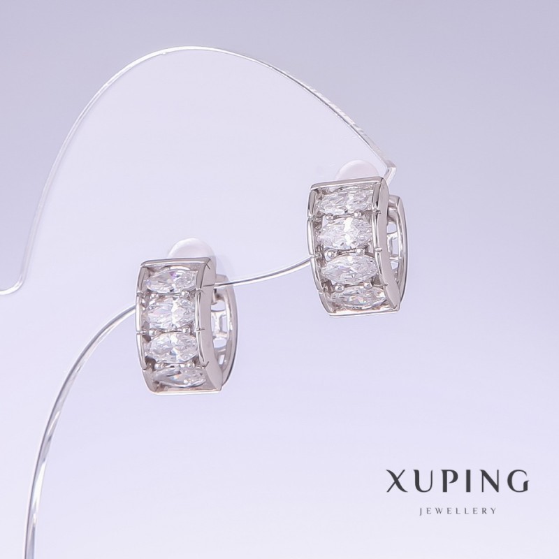 Cercei Xuping cu zirconii albe, lungime 14 mm, grosime 7 mm, rodiu
