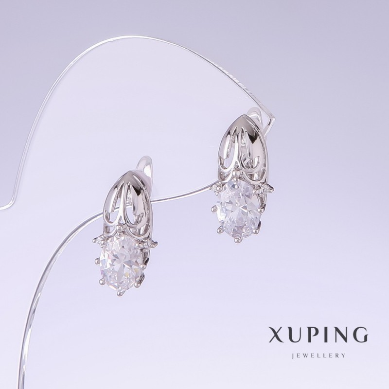 Cercei Xuping cu zirconii albe, lungimea 17 mm, grosimea 9 mm, rodiu