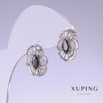 Cercei Xuping cu zirconii negre, lungime 17 mm, grosime 12 mm, placare rodiu