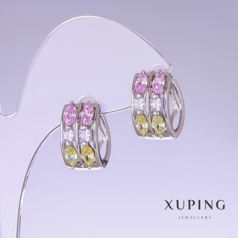 Cercei Xuping cu zirconii multicolore, lungime 11 mm, grosime 10 mm, rodiat