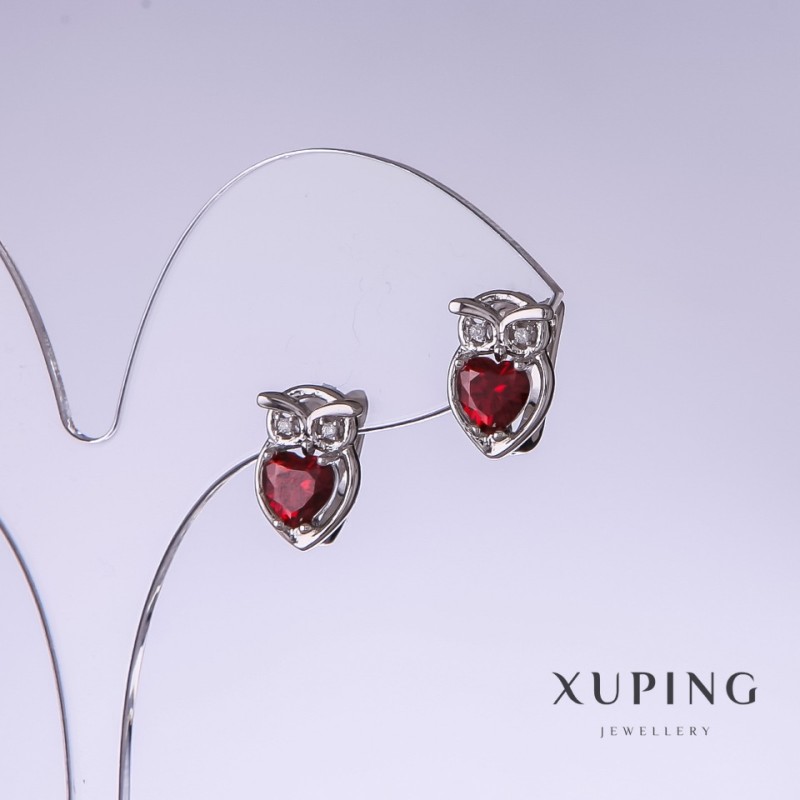 Cercei Xuping Bufnițe cu zirconii roșii, lungime 13 mm, grosime 9 mm, finisaj rodiu