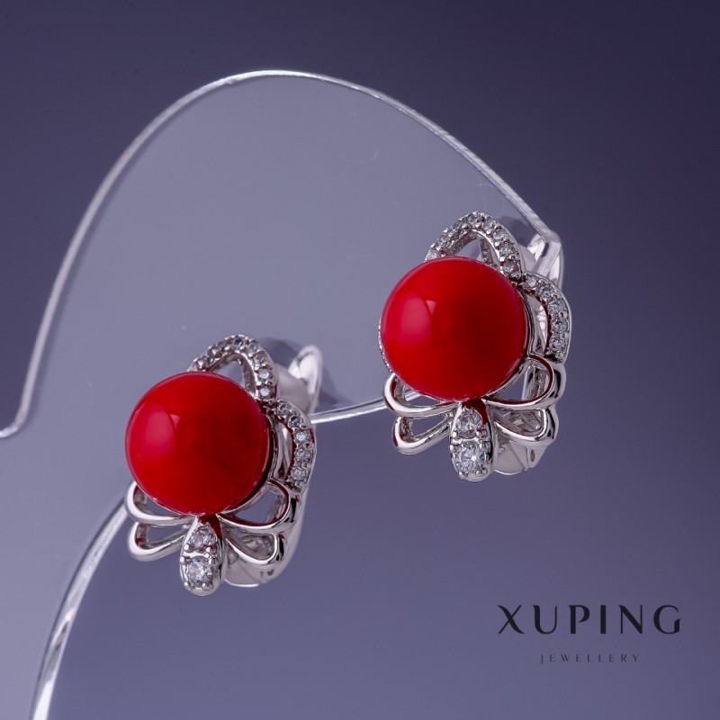 Cercei Xuping cu perle roșii Mallorca 17x13 mm, rhodiu