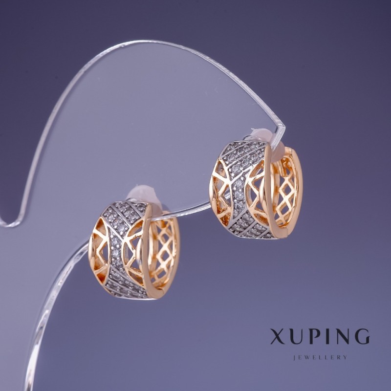 Cercei Xuping 12x8 mm, placare cu aur 18K și rodiu, cu strasuri albe