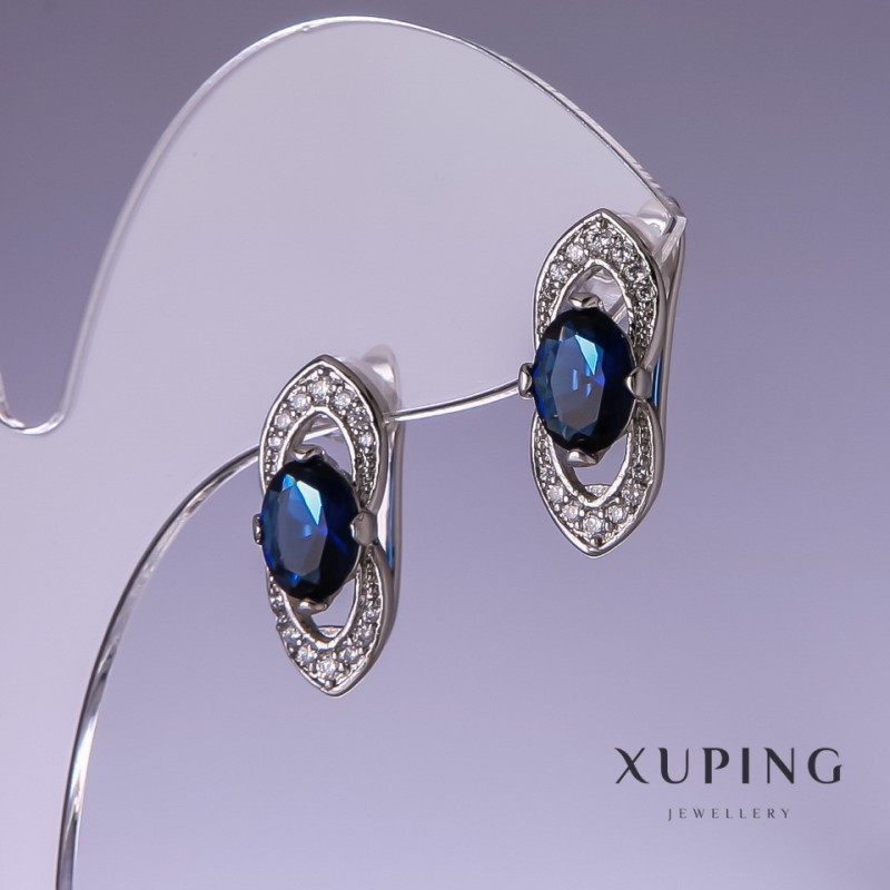 Cercei Xuping cu zirconii albastre 19×8 mm rodiu