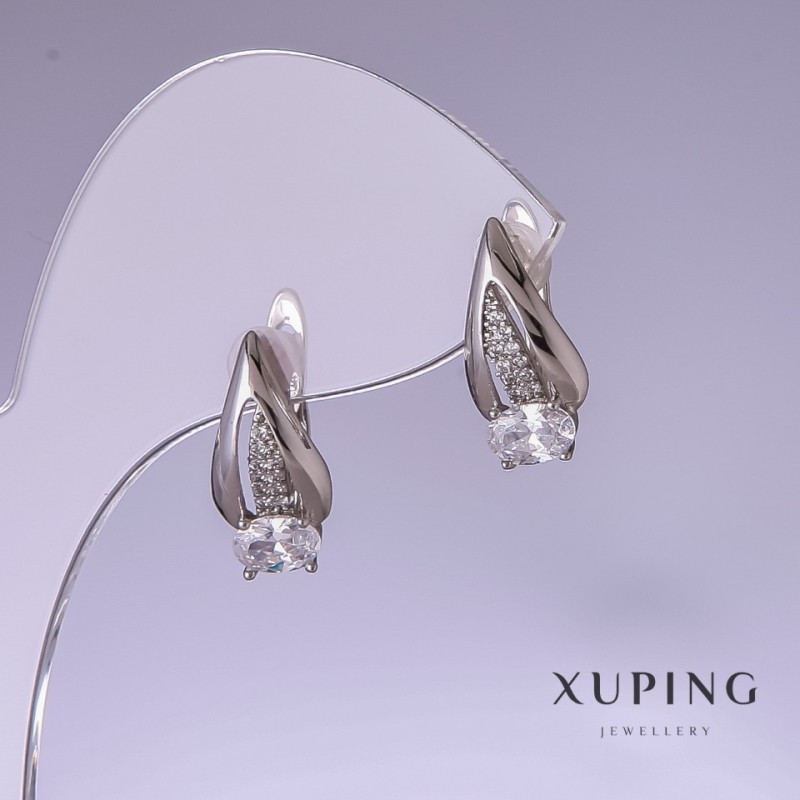 Cercei Xuping cu zirconiu cubic alb, 17x8 mm, placare cu rhodiu