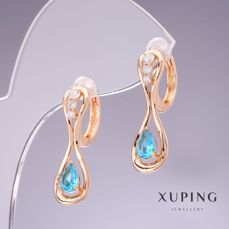 Cercei Xuping cu zirconii albaștri «Topaz» 26×8 mm placare cu aur 18K