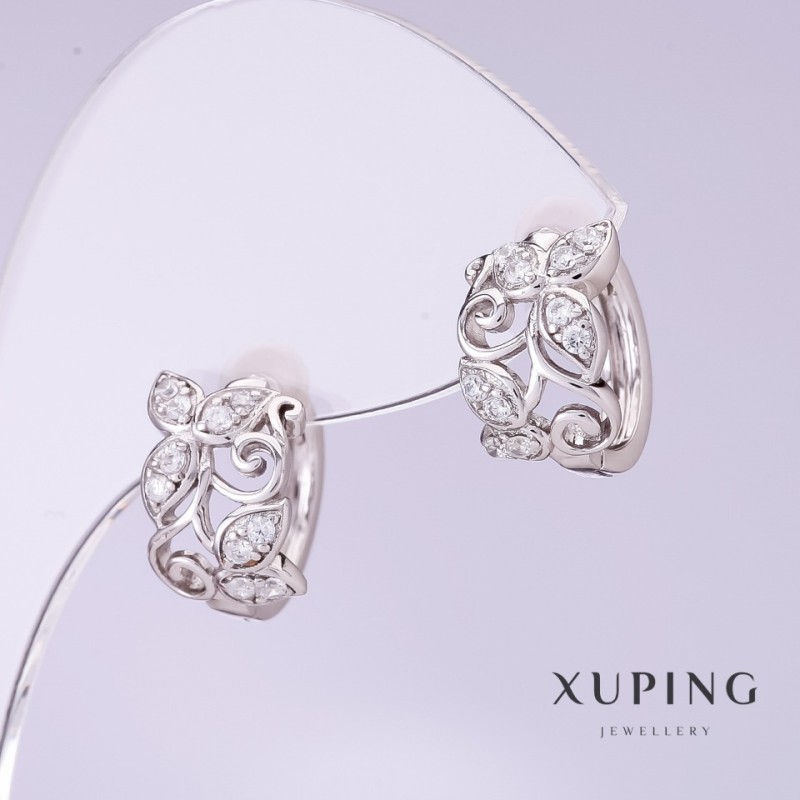 Cercei Xuping cu strasuri albe, diametrul 8 mm, lungimea 12 mm, rodiu