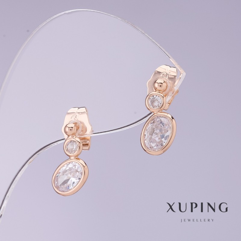 Cercei Xuping cu zirconii albe, diametrul 6 mm, lungimea 14 mm, placare cu aur de 18K