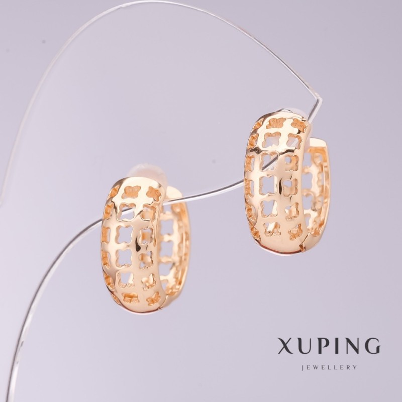 Cercei Xuping dantelati, diametru 7 mm, lungime 16 mm, placare cu aur 18K