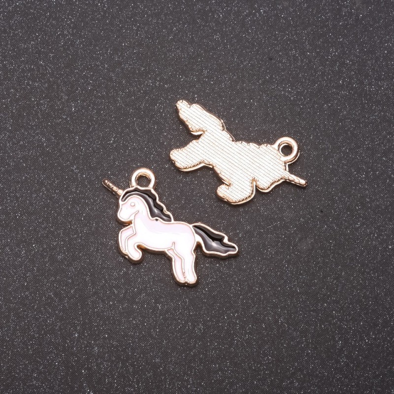 Pandantiv unicorn email negru, set de 9 buc., 22x12 mm