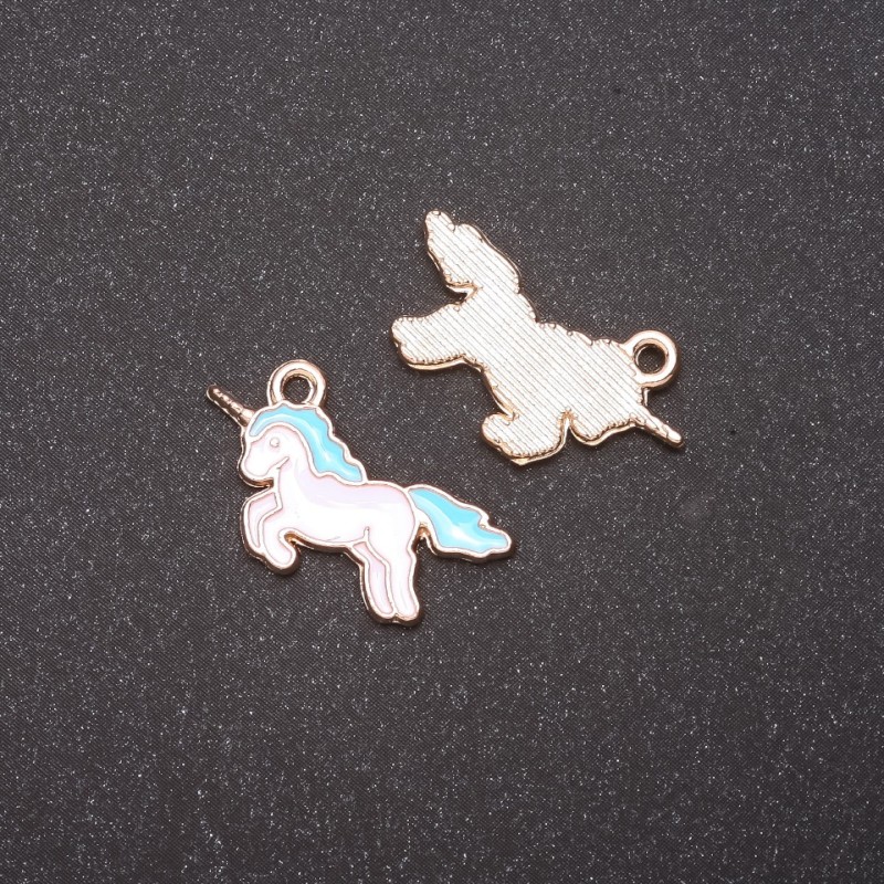 Pandantiv unicorn cu email albastru deschis, set de 9 bucăți, 22x12mm