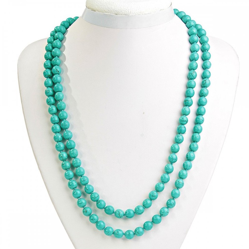 Colier din turcoaz verde cu vene, boabe de 8 mm, lungime 118 cm