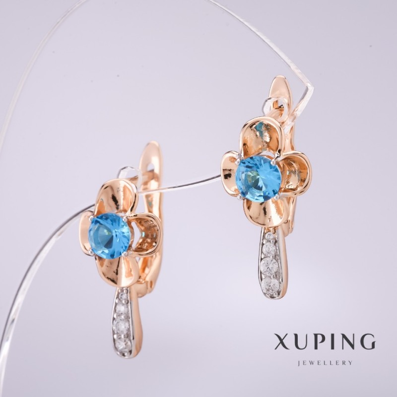 Cercei Xuping cu pietre albastre, 20×10 mm, placare cu aur 18K