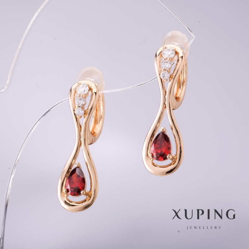 Cercei Xuping cu piatră roșie, 25x8 mm, placare aur 18K