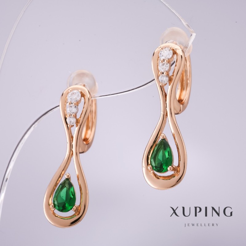 Cercei Xuping cu pietre verzi 25x8 mm, placare aur 18K