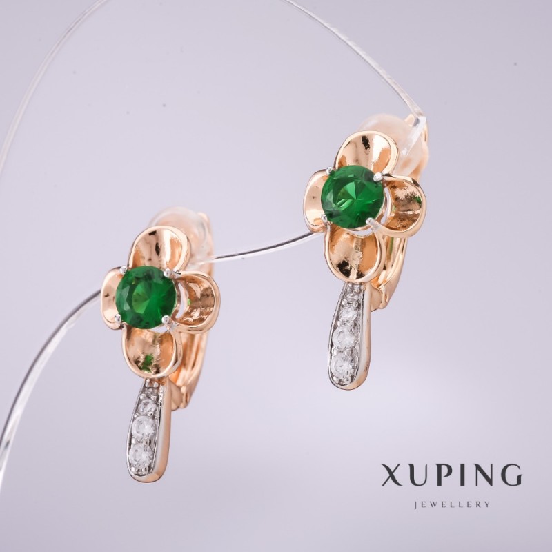 Cercei Xuping cu pietre verzi 20×10 mm placare cu aur 18K