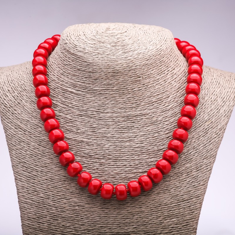 Colier din coral presat – mărgele rondel, diametrul 12×9 mm, lungime 45 cm