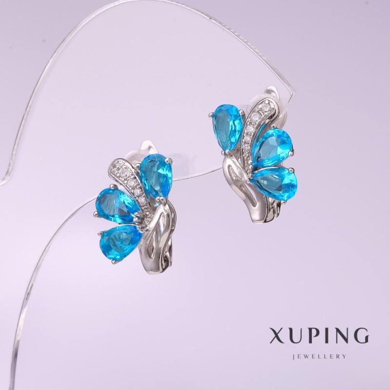 Cercei Xuping cu piatră albastră 10×15 mm, placare rodiu