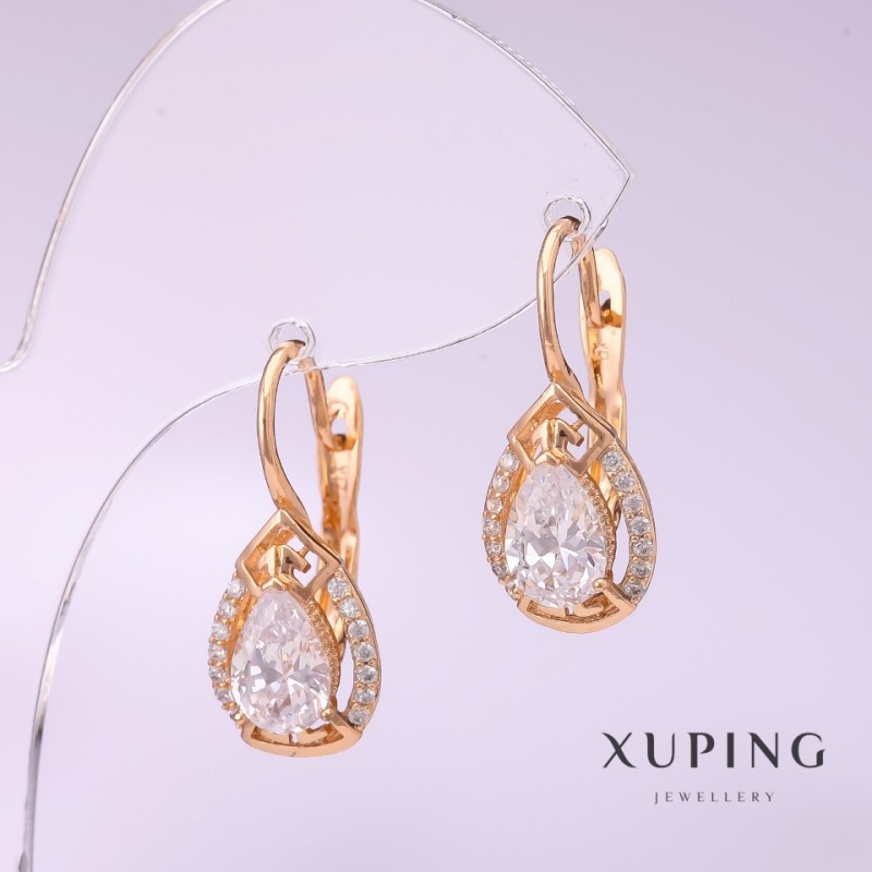 Cercei Xuping cu pietre albe, 24x10 mm, placare cu aur 18K