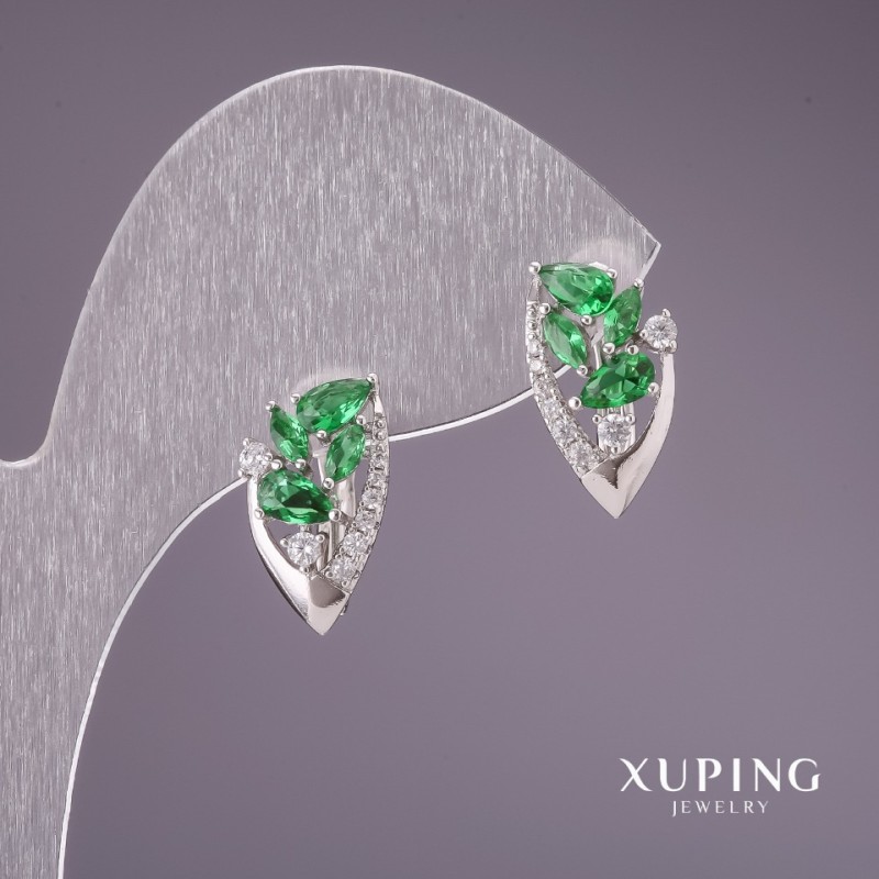 Cercei Xuping cu pietre verzi, 16x8 mm, placare cu rodiu