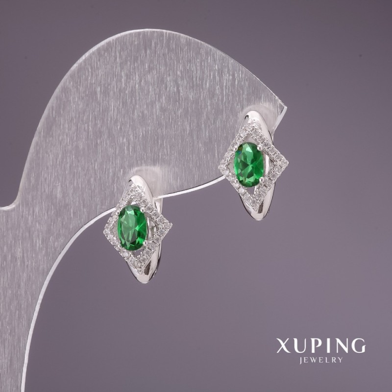 Cercei Xuping cu pietre verzi, placare rodiu, 15x10 mm