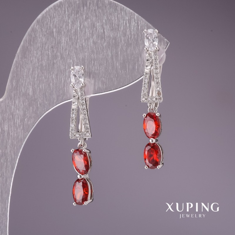 Cercei Xuping cu pietre roșii 31x5 mm rodiu