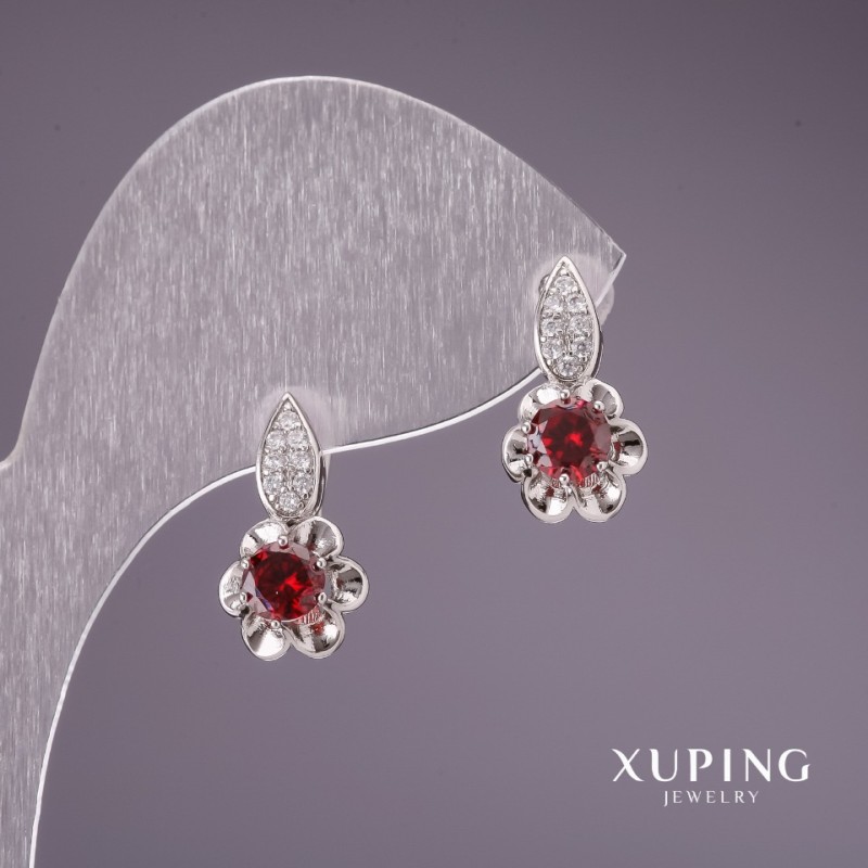 Cercei Xuping cu pietre roșii, 17x9 mm, placare cu rodiu