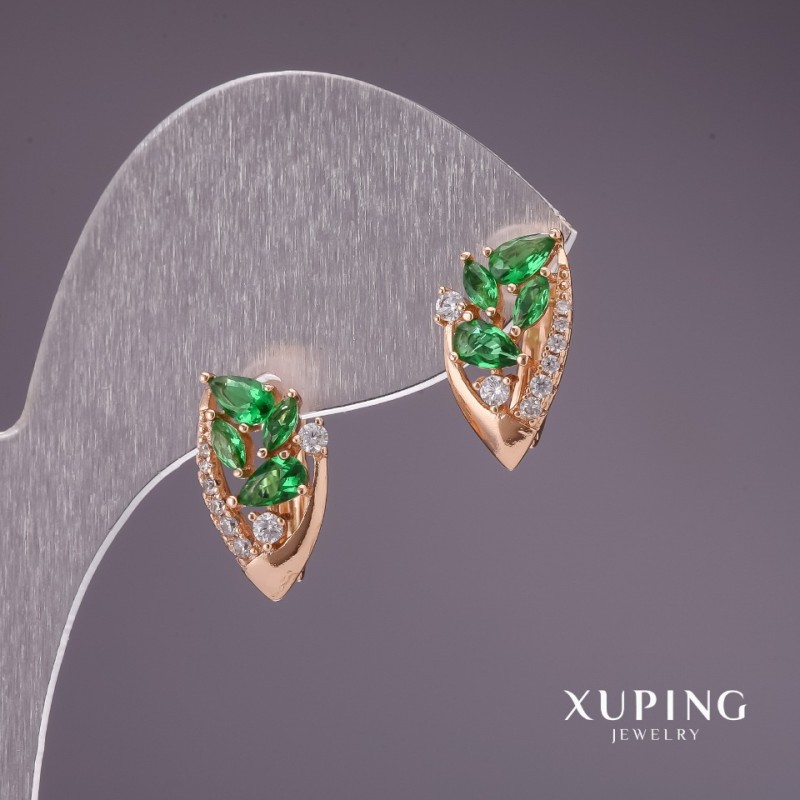 Cercei Xuping cu pietre verzi de 16x9 mm, placare cu aur 18K