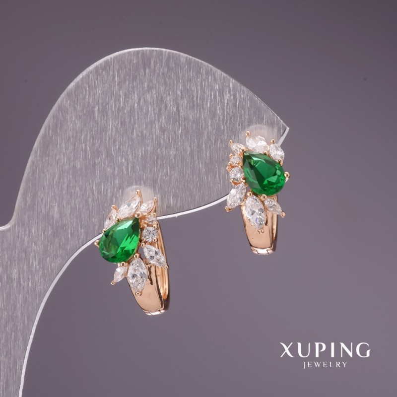 Cercei Xuping cu pietre verzi, 15x9 mm, placare cu aur 18K