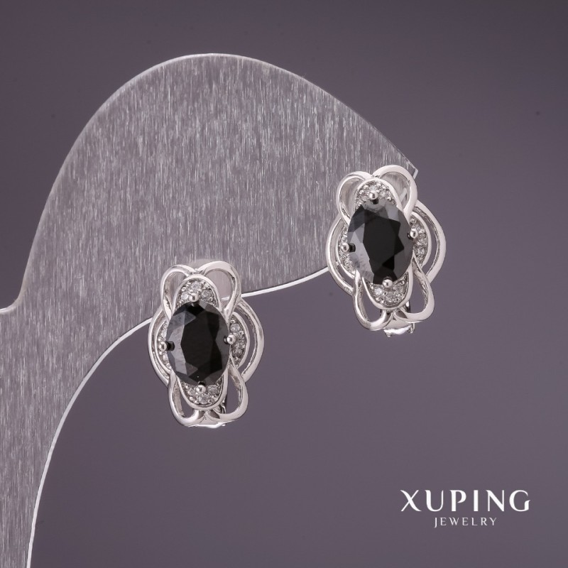 Cercei Xuping cu pietre negre, 15x11 mm, placare cu rhodiu