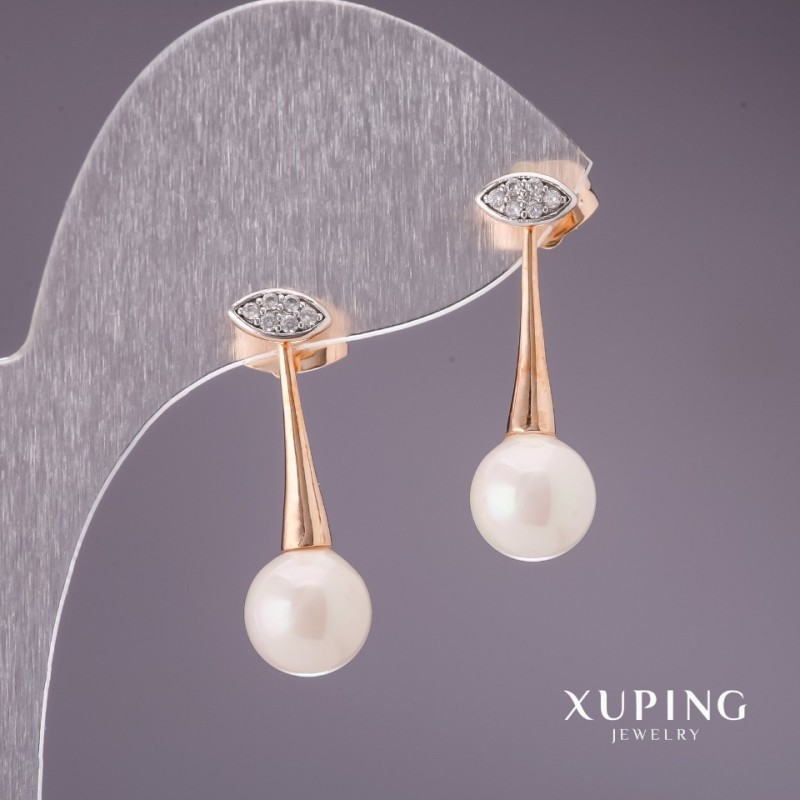 Cercei Xuping cu perle "Mallorca" 26x8 mm placare aur 18K