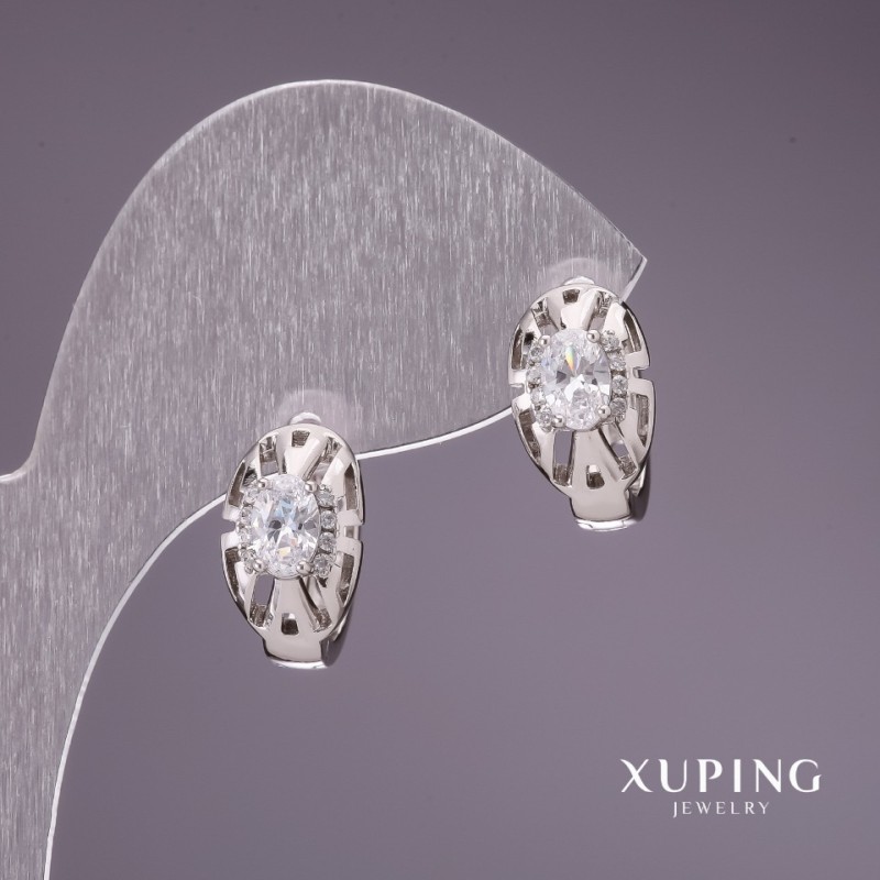 Cercei Xuping cu pietre albe de 8×15 mm, rodiu