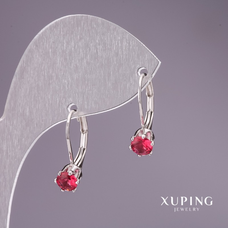 Cercei Xuping cu pietre roșii, placare rodiu, 18×6 mm