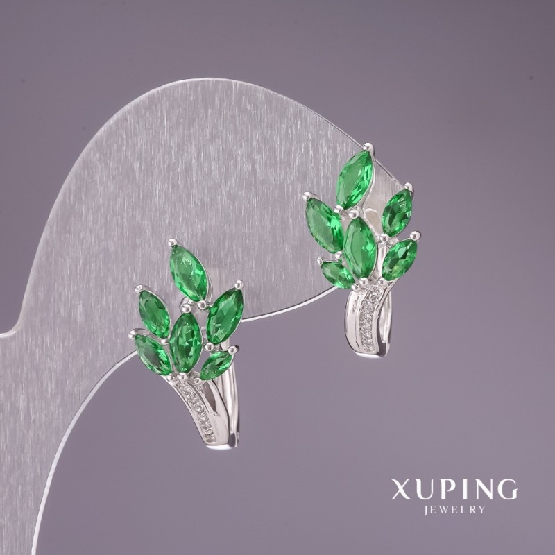 Cercei Xuping cu pietre verzi, 22x12 mm, rodiu