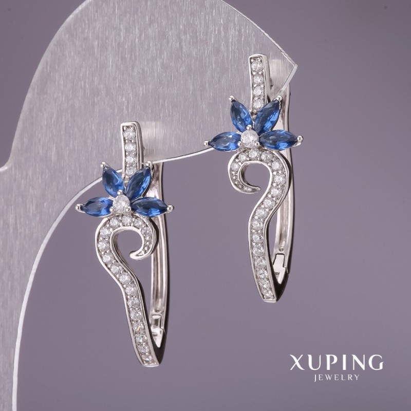 Cercei Xuping cu pietre albastre 31x13 mm rodiu
