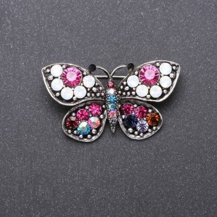 Broșă fluture cu strasuri multicolore, 43x25 mm, metal gri