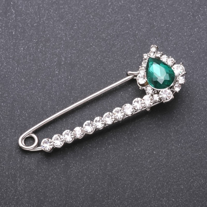 Broșă cu ac și cristale verzi, 64×22 mm, metal alb