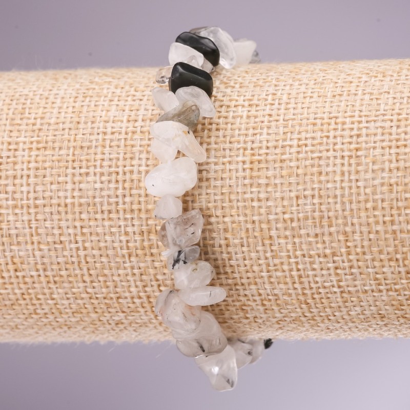 Brățară din piatră naturală, cuarț rutilit, păr de pisică, granule pe elastic, diametrul 5–8 mm, lungimea 18 cm