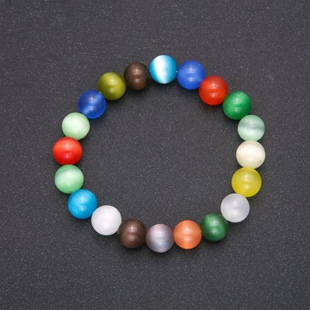 Brățară din piatră naturală ochiul pisicii, multicoloră, cu mărgele netede de 10 mm diametru, lungime 18 cm pe elastic