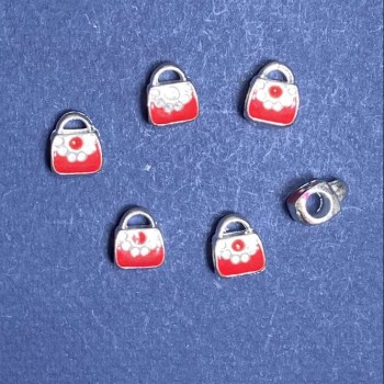 Mărgea Pandora șarm, poșetă roșie, 10 mm, fațetată, culoare metal deschis gri, 6 buc