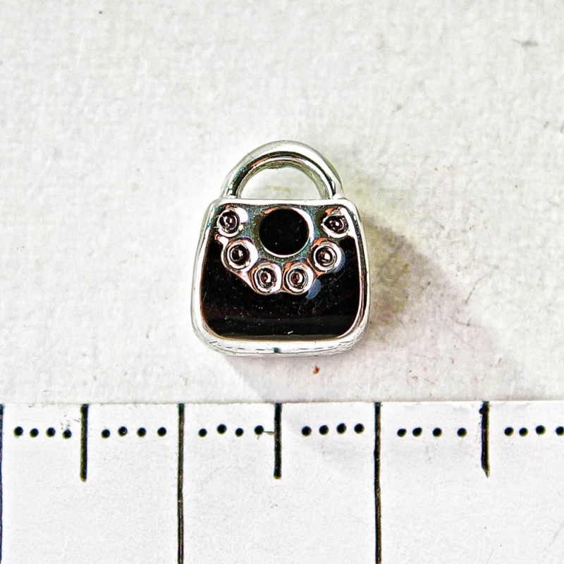 Mărgea-șarm Pandora, metal gri deschis, geantă neagră, 10 mm, fațetata, 6 buc.