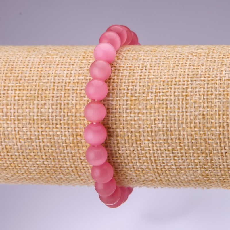 Brățară roz cu ochi de pisică, mărgele netede, diametrul 8 mm, lungime 18 cm, pe elastic