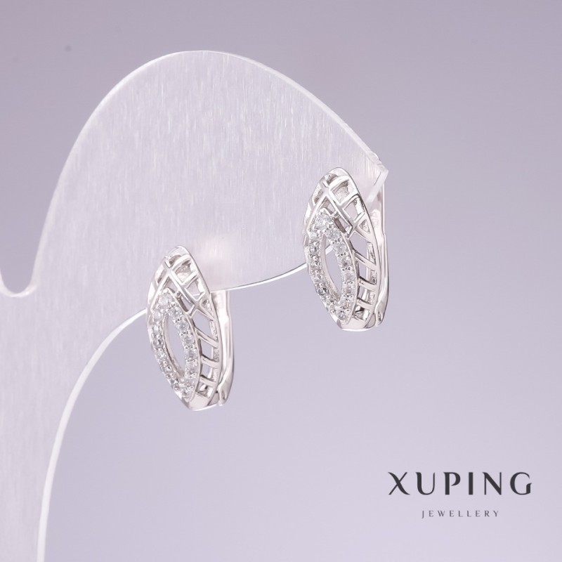 Cercei Xuping rodiu cu strasuri albe, 15×8 mm