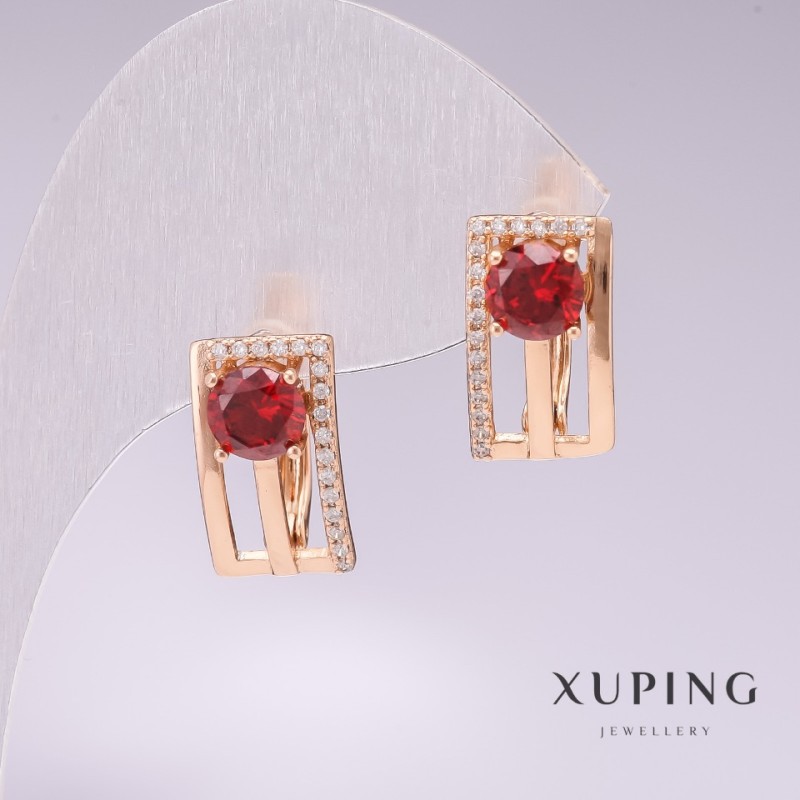 Cercei Xuping cu placare aur 18K, piatră roșie și strasuri albe, 16×9 mm