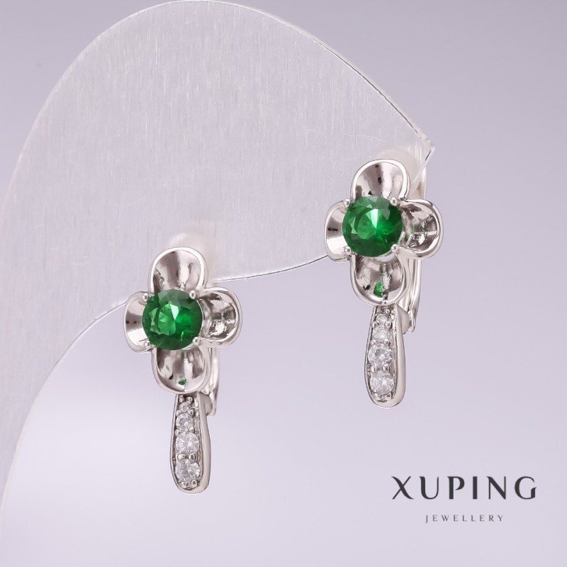 Cercei Xuping rodiu cu pietre verzi și cristale albe 20x10mm