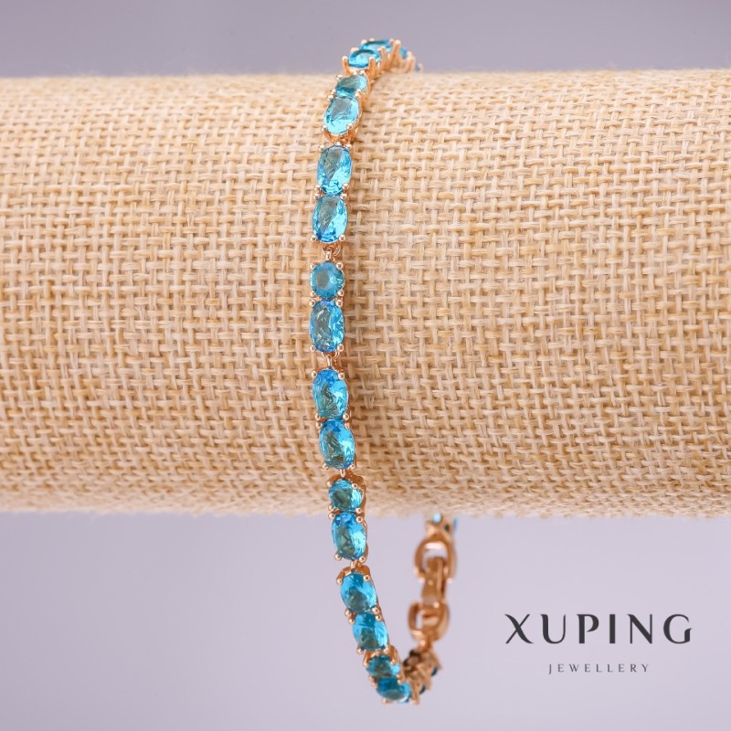 Brățară Xuping cu pietre albastre, grosime 4 mm, lungime 18-20 cm, placare cu aur cu lanț extensor