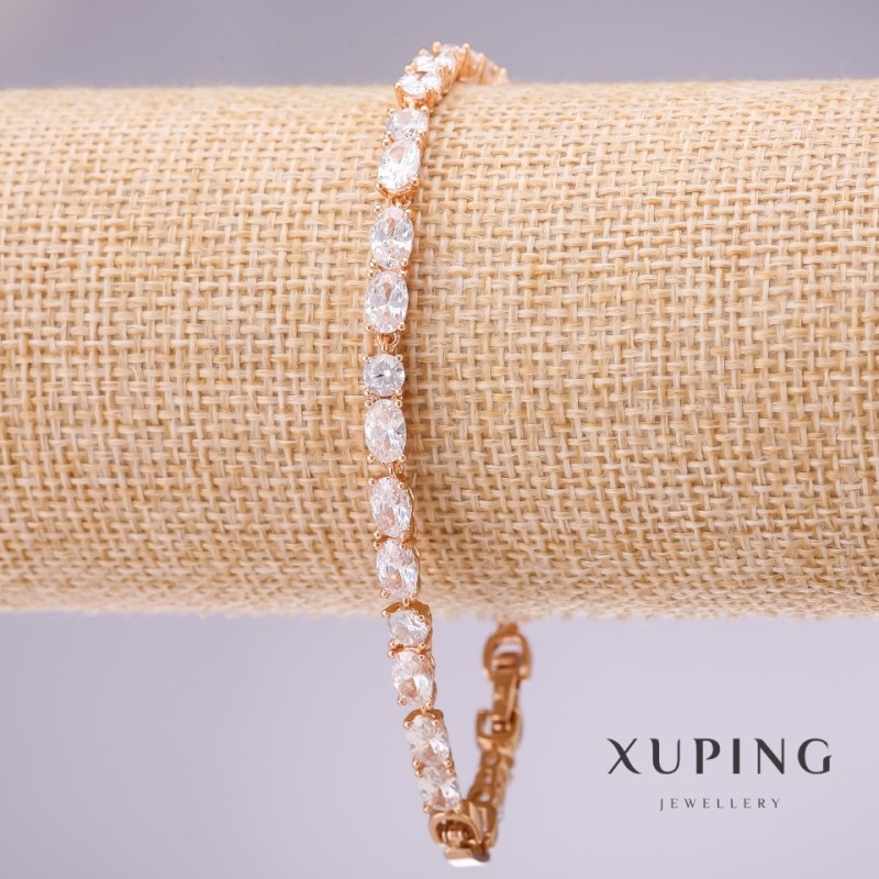 Brățară Xuping cu pietre albe, grosime 4 mm, lungime 18–20 cm, placare cu aur cu lanț de extensie