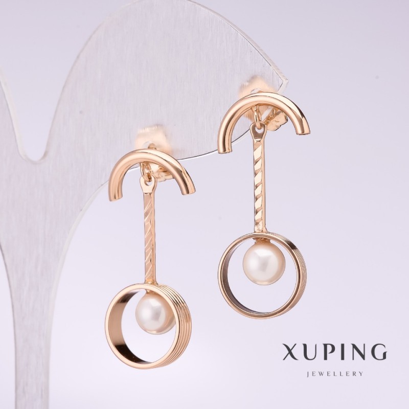 Сережки Xuping з білою намистиною Майорка 30х5мм позолота