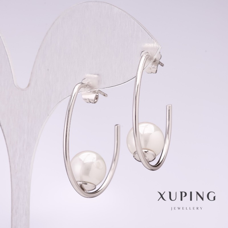 Cercei Xuping cu clips și perlă Mallorca albă, 33x10 mm, placat cu rodiu