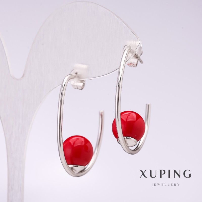 Cercei Xuping, cu cârlig, cu perlă Mallorca roșie, 33x10 mm, placare cu rodiu
